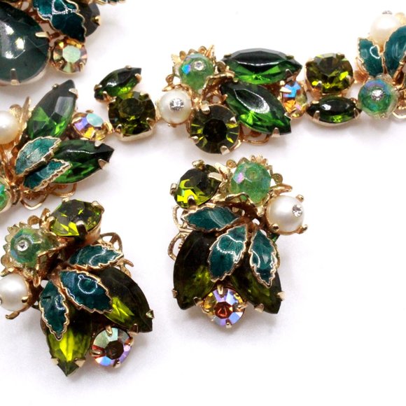 Weiss Signed AB Crystals Enamel Brooch Bracelet Earrings Parure Set - Picture 3 of 7
